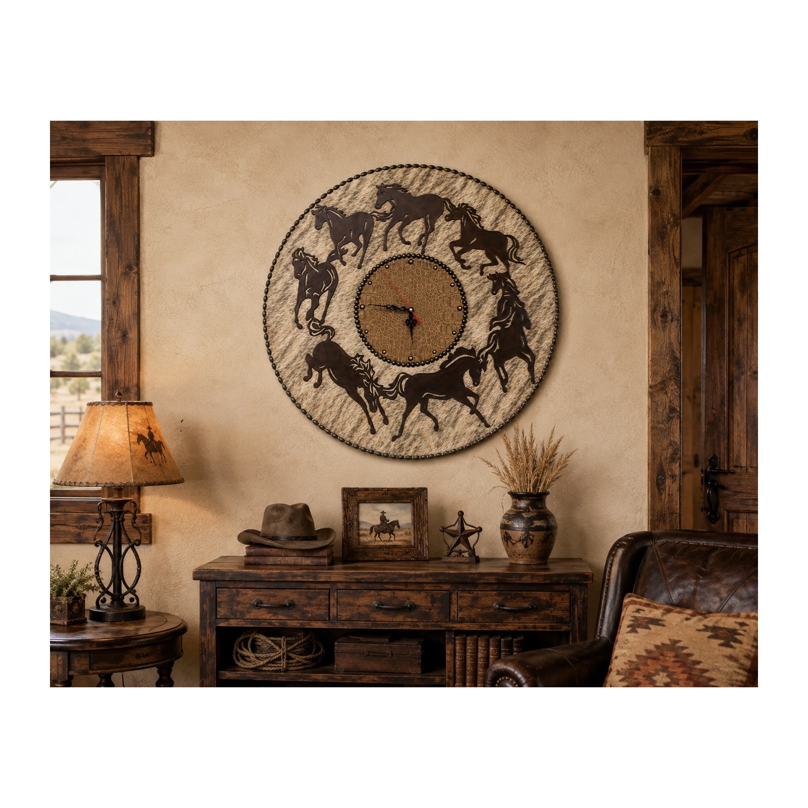Ring of Wild Horses Cowhide Wall Clock